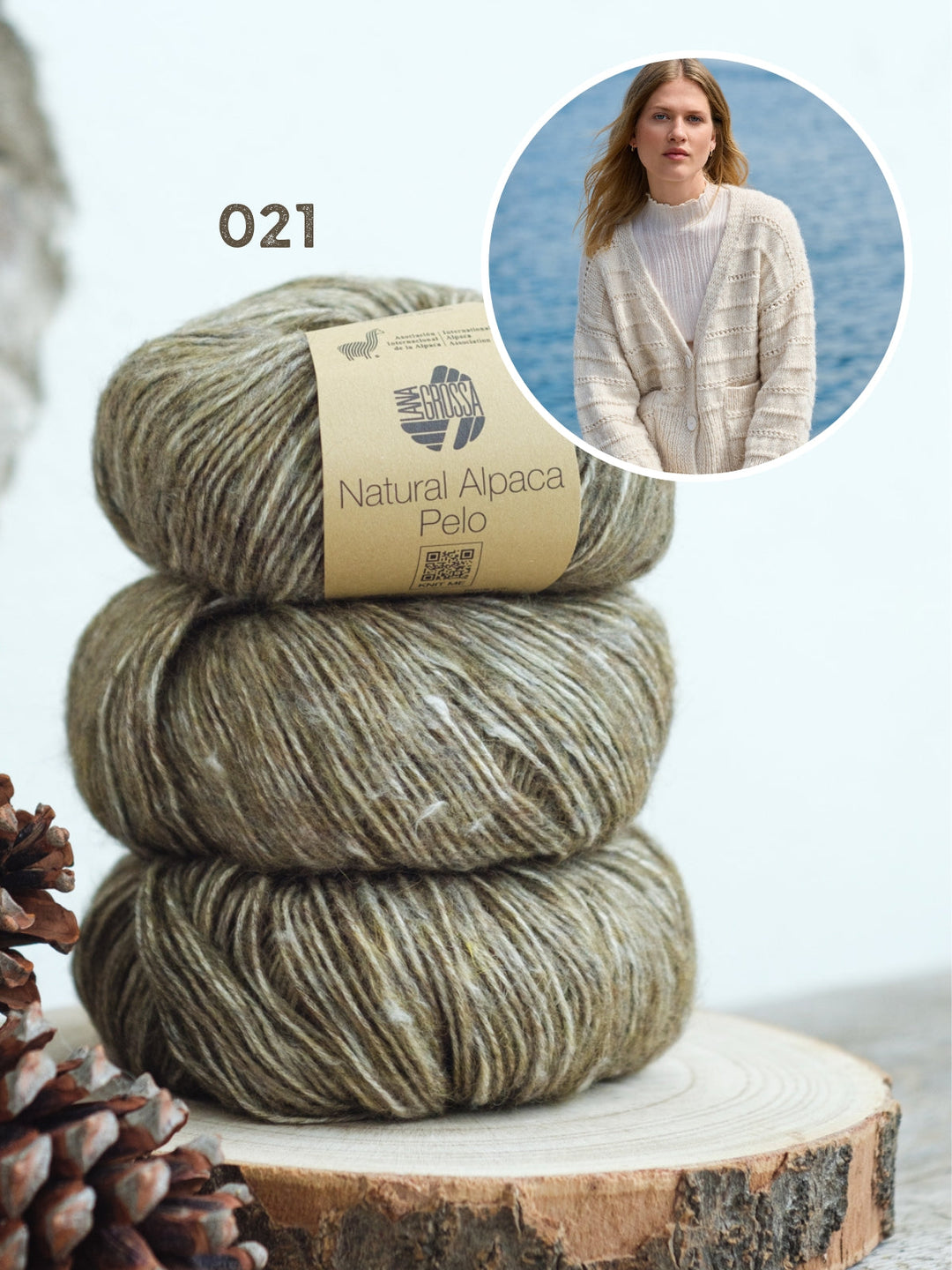 Strickpaket Natural Alpaca Pelo Cardigan mit Lochmusterstreifen