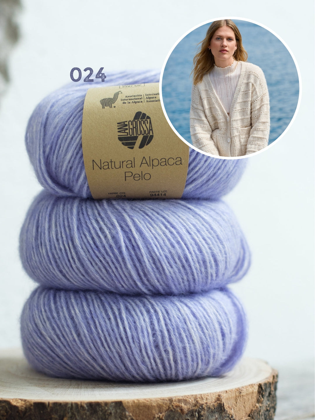 Strickpaket Natural Alpaca Pelo Cardigan mit Lochmusterstreifen