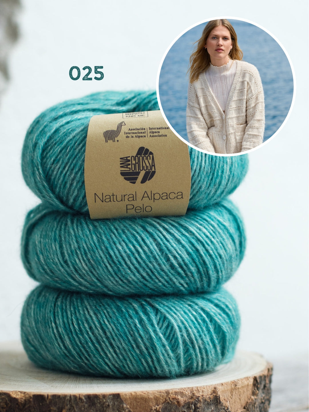 Strickpaket Natural Alpaca Pelo Cardigan mit Lochmusterstreifen