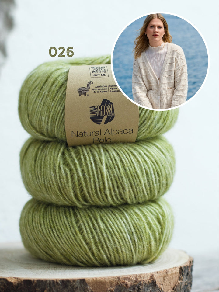 Strickpaket Natural Alpaca Pelo Cardigan mit Lochmusterstreifen