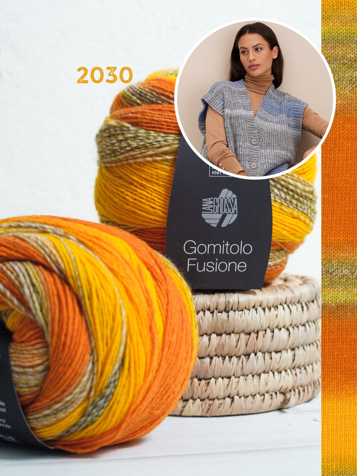 Strickpaket Gomitolo Fusione Weste im Halbpatent