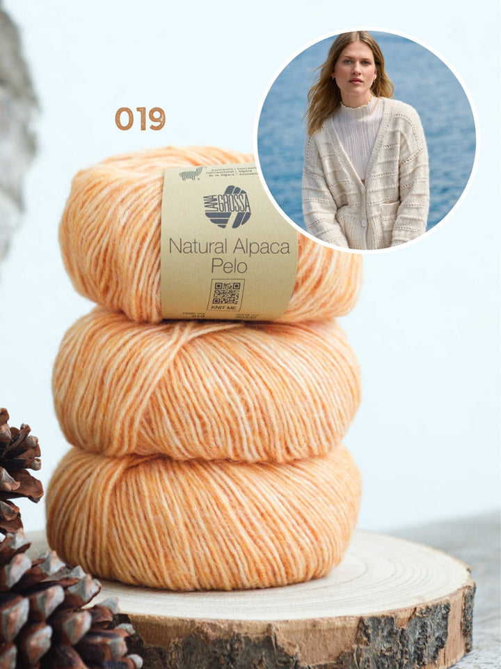 Strickpaket Natural Alpaca Pelo Cardigan mit Lochmusterstreifen